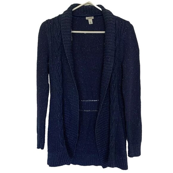 LL Bean Womens Cardigan Small Knit Open Front Sweater Long Sleeve Blue White Dot - Picture 1 of 10